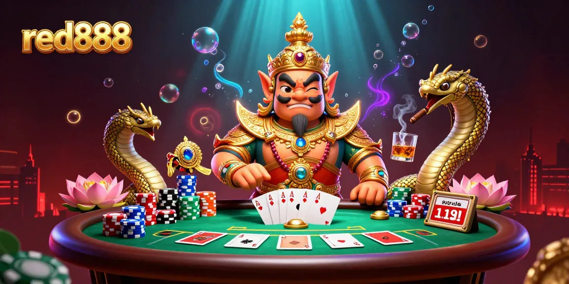 Experience gaming with red888 at a vibrant poker table decorated by Thai guardian and Naga serpents.
