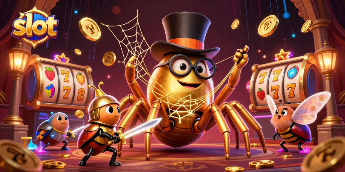 Spin the slots with excitement as a golden tarantula weaves between dynamic slot elements in a vibrant casino scene.