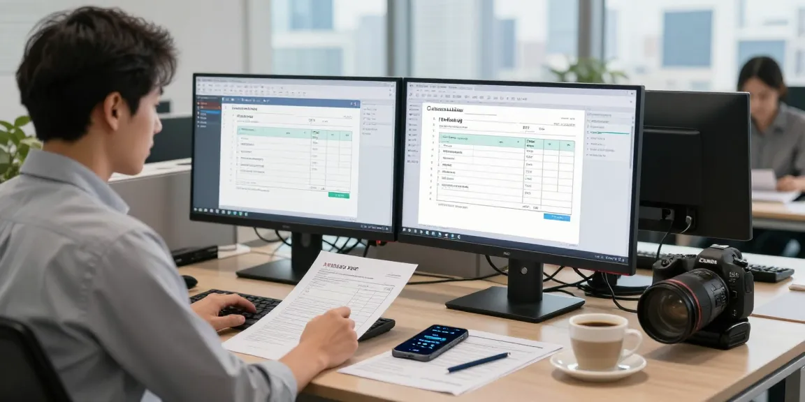 Business professional detects fake invoice using advanced technology in a modern office.