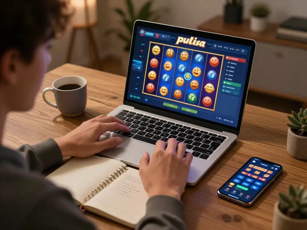 Engaging slot pulsa gaming scene with player focused on vibrant online interface, showcasing strategy notebook and relaxed home setting.