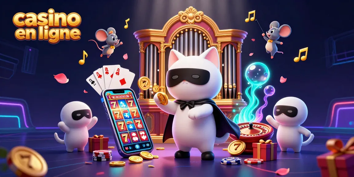 Une illustration de casino en ligne dynamique avec un chat masqué, une souris acrobate et des éléments de jeu.