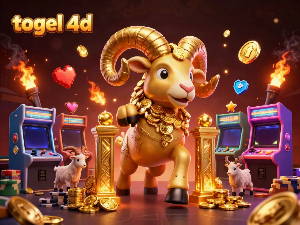 Experience the thrill of togel 4D with a dynamic scene featuring a golden ram amidst arcade gaming elements.