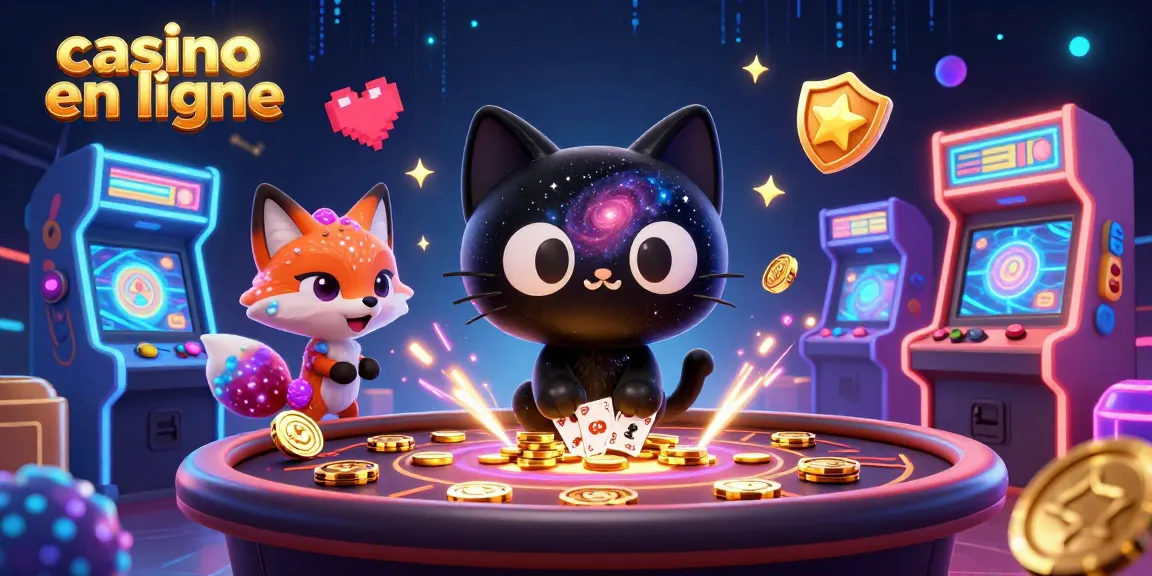 Illustration dynamique d'un casino en ligne avec un chat trou noir et un renard nébuleux, symboles et jeux de casino.