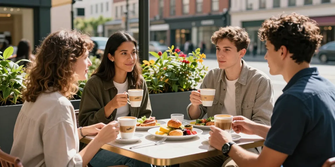 Brunch scene with young adults enjoying coffee and pastries at a café terrace, highlighting the vibrant urban lifestyle of rokok88.