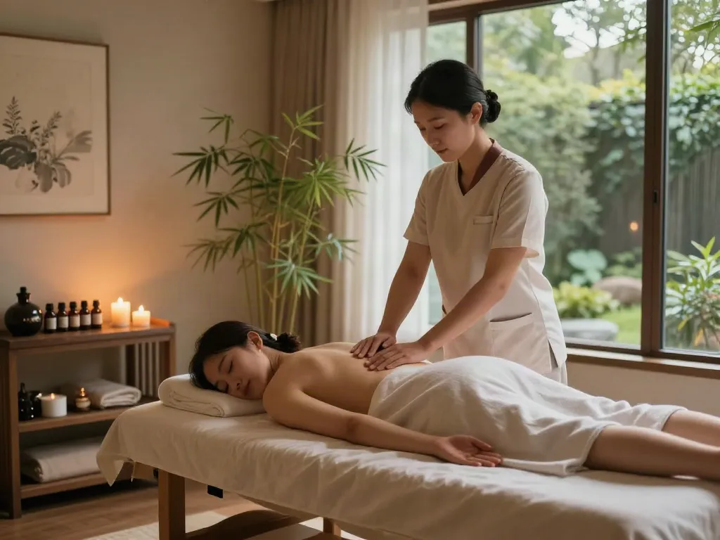왕십리출장마사지 therapy session in a soothing spa room with calming elements.