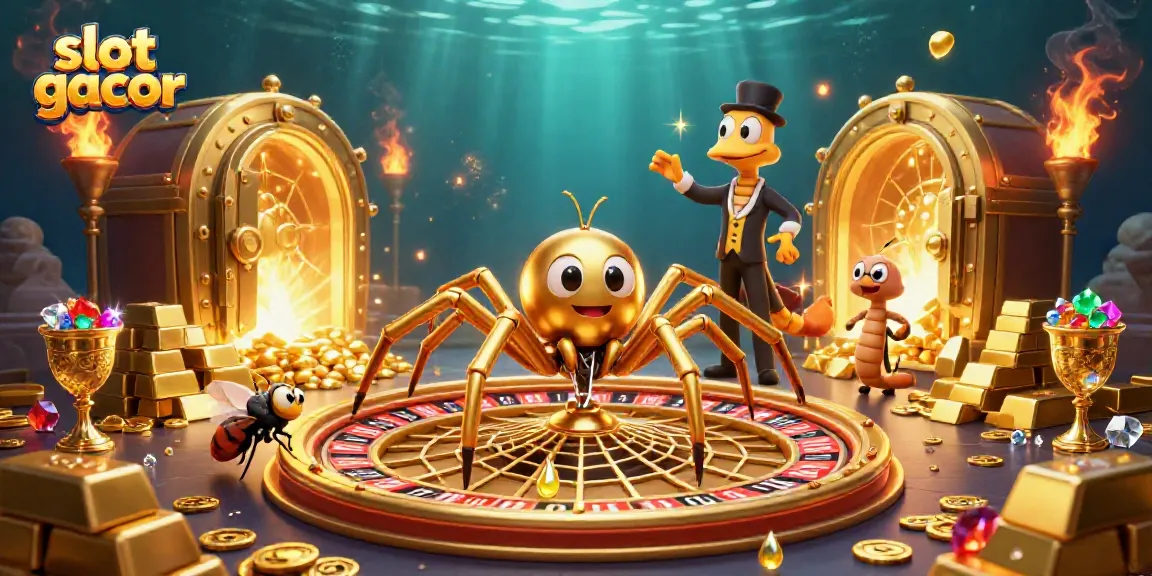 Engaging slot gacor scene with a golden spider, fly, and centipede croupier amid treasure.