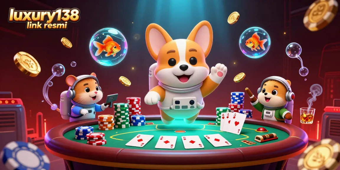 Experience fun at the luxury138 link resmi casino, featuring playful characters in a vibrant space setting.