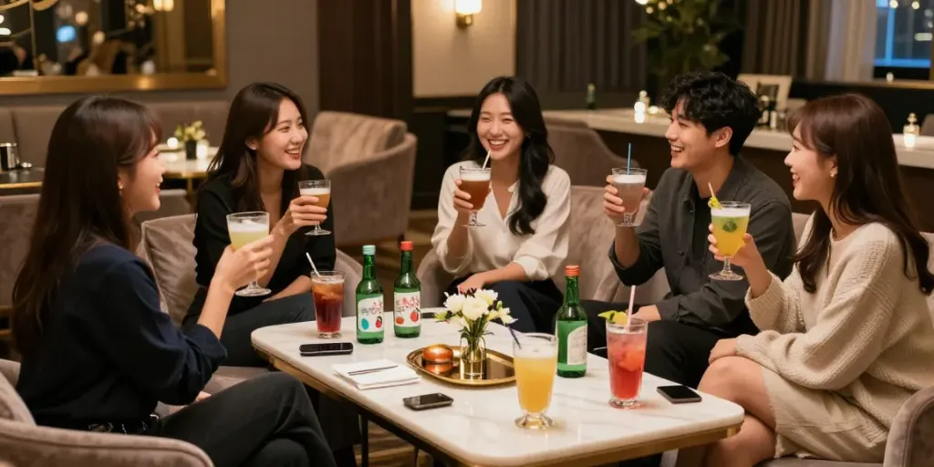 강남 구구단의 독립 룸에서 친구들과 즐거운 시간을 보내는 모습