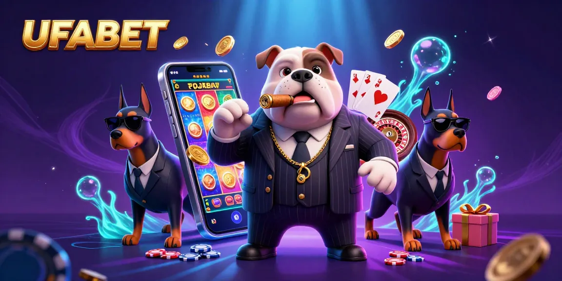 Play fun games at UFABET with a cartoon mafia bulldog and Doberman bodyguards!