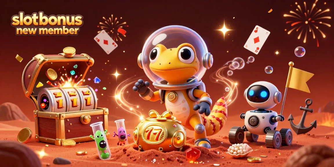 Mengaktifkan slot bonus anggota baru, 3D gecko Mars menemukan kasino emas dengan simbol keberuntungan dan kerumunan yang gembira.