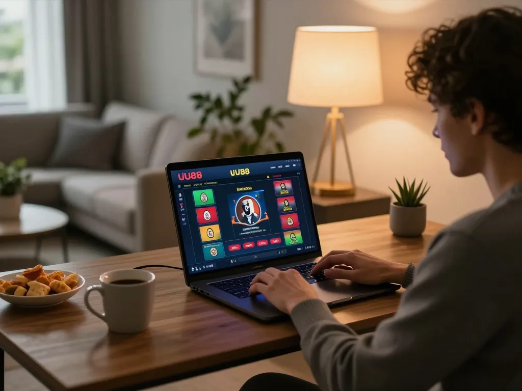 Player engaging with the UU88 online casino interface in a stylish home setting while enjoying the gaming experience.