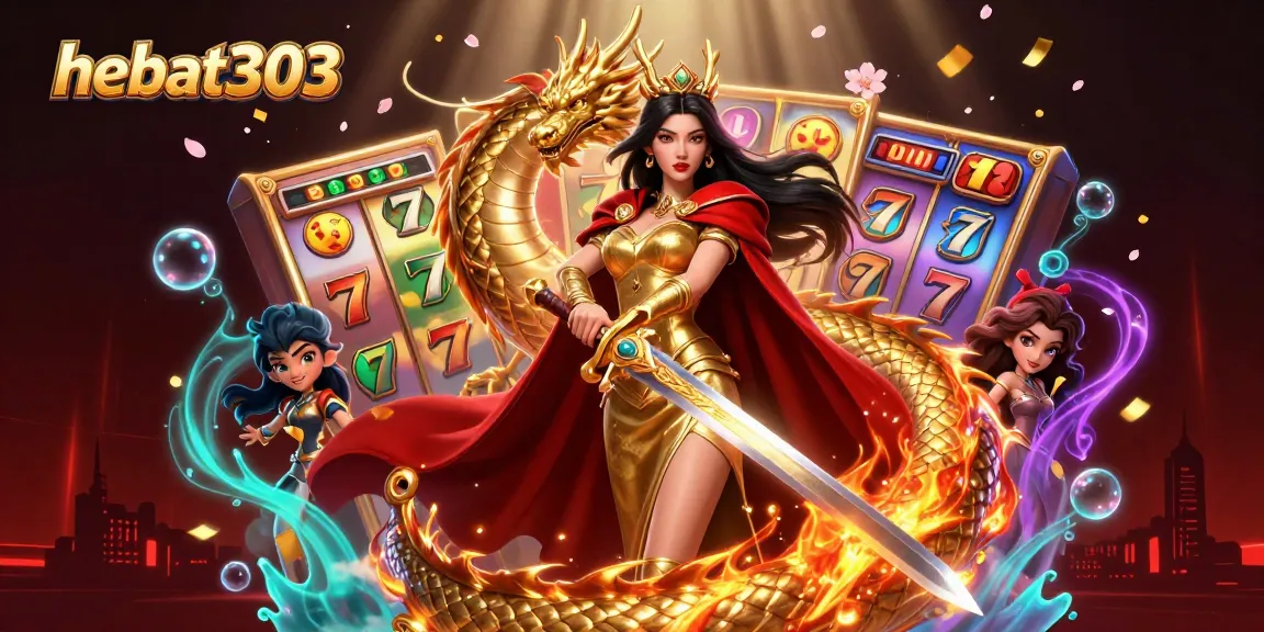 Experience high payouts with hebat303 in this vibrant online gambling illustration featuring slots and jackpots.