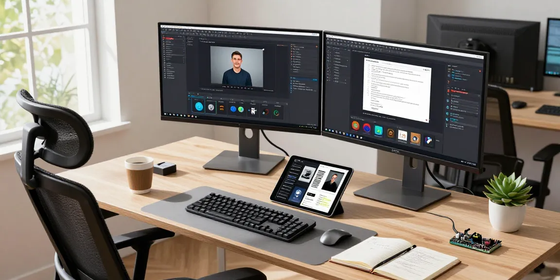 Developer using 截图软件 in a modern office workflow with dual monitors, showcasing screen capture functions.