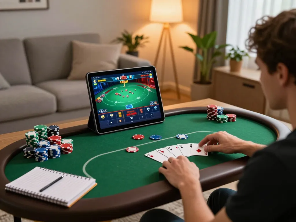 Experience the thrill of online poker gaming with 388bet in a cozy, stylish home setting.