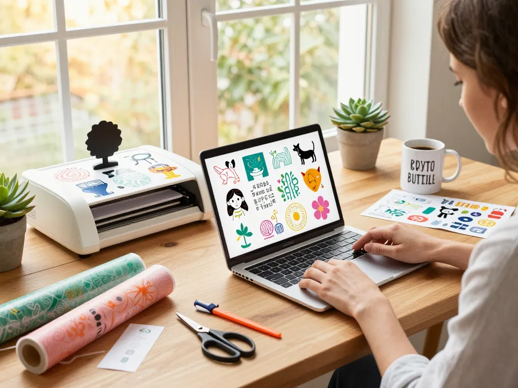 Designing cricut svg bundle graphics in a colorful crafting workspace.