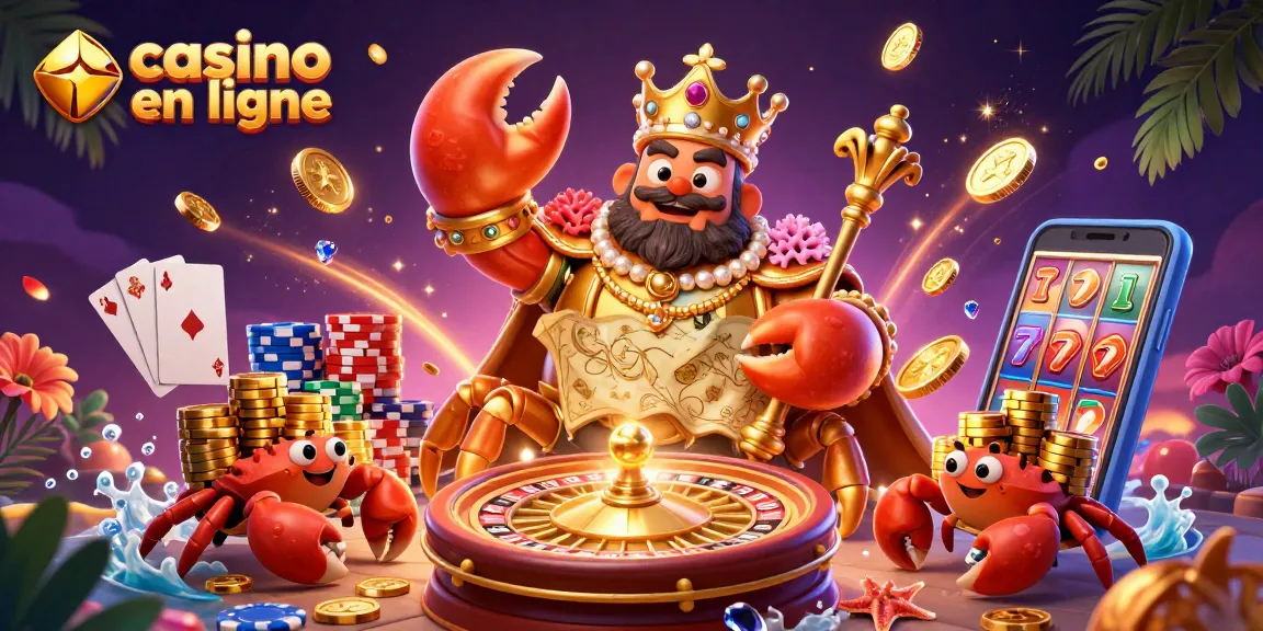 Illustration 3D dynamique de casino en ligne avec un empereur crabe doré, jetons et jeux de cartes.