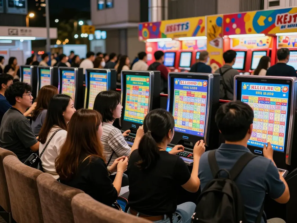 Engaged players checking HK Lotto results in a lively urban environment.