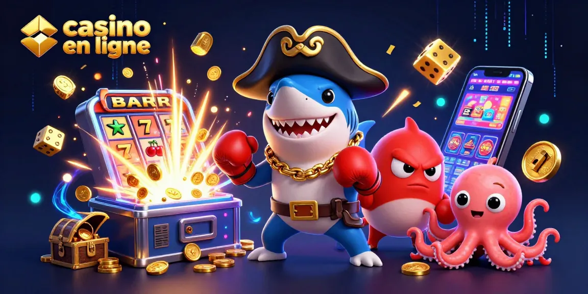 Scène animée avec le casino en ligne, illustrant un requin pirate, un poisson-globe et un bébé pieuvre entourés de jackpots et de jeux.
