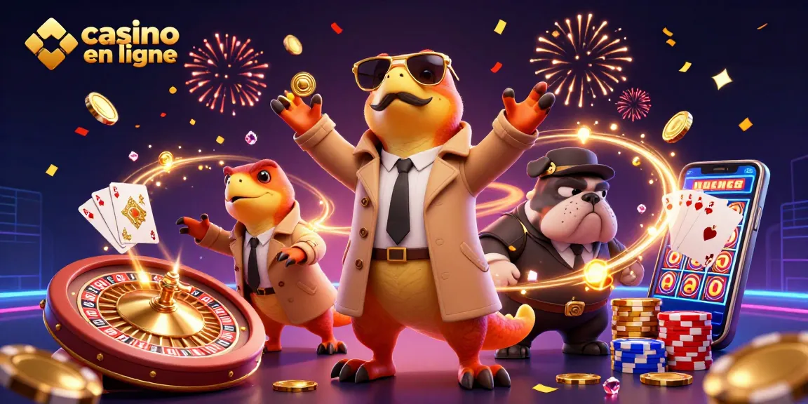 Image de raptors déguisés entrant dans un casino en ligne avec des confettis dorés.
