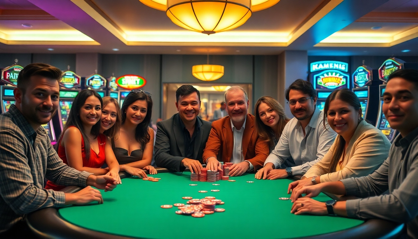 Engaging players enjoy Non gamstop Casino Uk at a vibrant poker table amidst lively casino atmosphere.