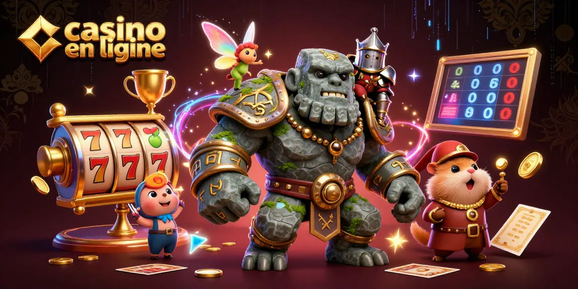 Découvrez le casino en ligne avec un golem gardien, une fée, et un hamster chevalier dans une scène dynamique.