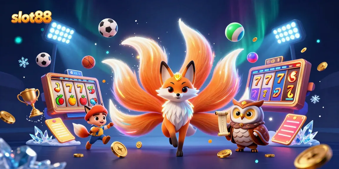 Experience the thrill of slot88 with dynamic 3D illustration featuring vibrant characters and gaming elements.