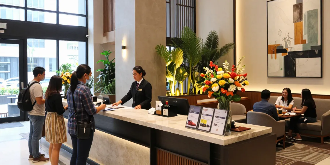 rokok88 Hotel Jakarta Pusat modern lobby scene with guests checking in and bright ambiance.