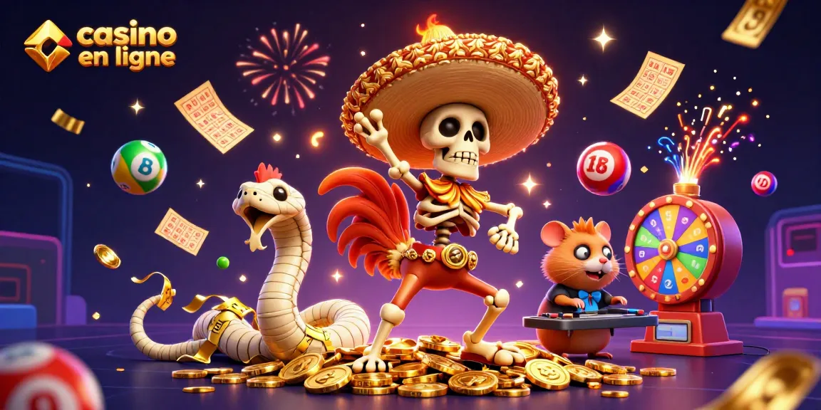 Vivez l'expérience du casino en ligne avec une illustration festive mettant en scène la danse d'un mariachi et un DJ.