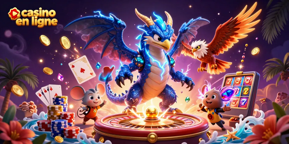 Jouez au casino en ligne avec une scène dynamique de personnages de jeux de casino et des éléments colorés.