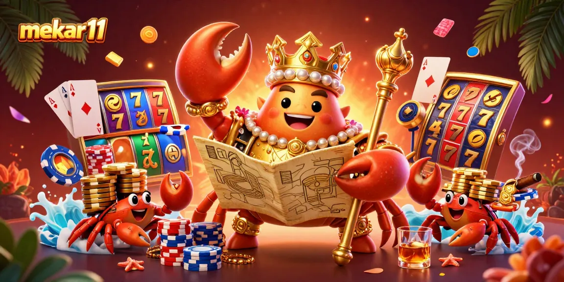 Mekar11 captures the excitement of slot games with its vibrant 3D casino illustration featuring a crab emperor.
