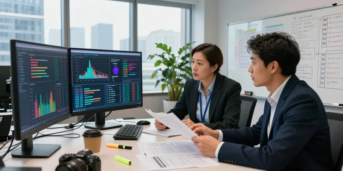 Financial crime intelligence analysts collaborating on data insights in a modern office.