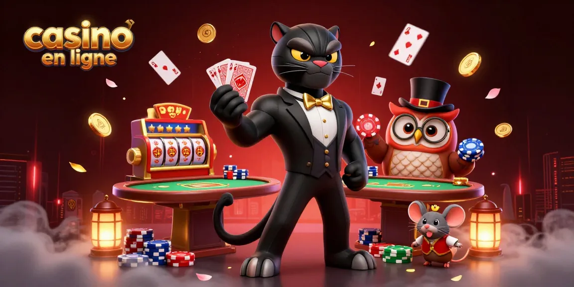 Les personnages de casino en ligne célèbrent l'excitation avec des cartes et des jetons, entourés de symboles de jeu.