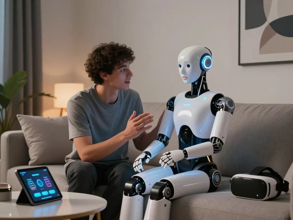 Individual engaging with an AI sex robot in a modern living room, showcasing advanced technology and intimacy.
