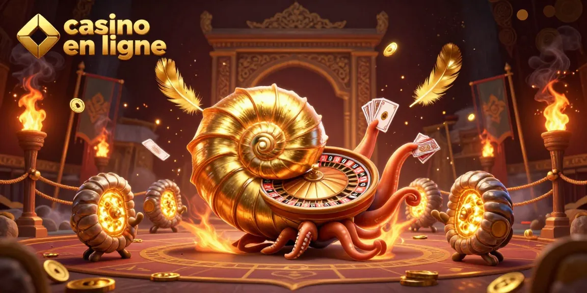 Casino en ligne : Illustration d'un nautilus géant sur une table de jeu, entouré de pièces d'or et de cartes.
