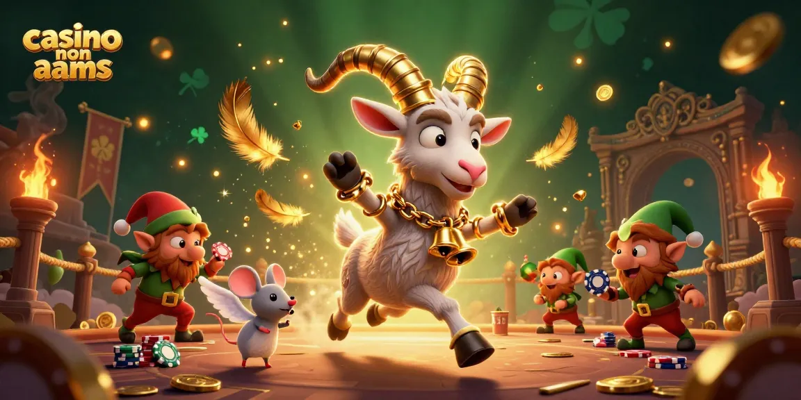Giocare nei casinò non AAMS: un'illustrazione dinamica che mostra il caos festoso di un casinò con Krampus e topolino angelo.