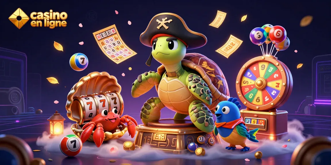Illustration dynamique de jeux de casino en ligne, avec des personnages marins et des éléments de loterie.