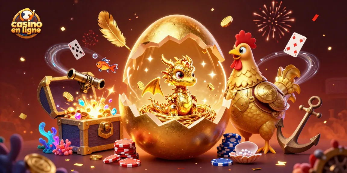 Venez découvrir le casino en ligne avec un dragon doré et des jetons de poker dans un cadre festif.