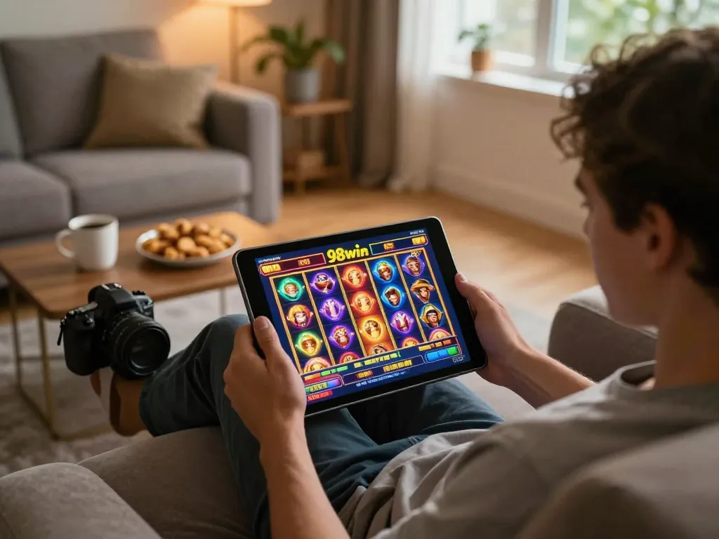 Playing online slots on 98win tablet in a cozy home setting with warm lighting.
