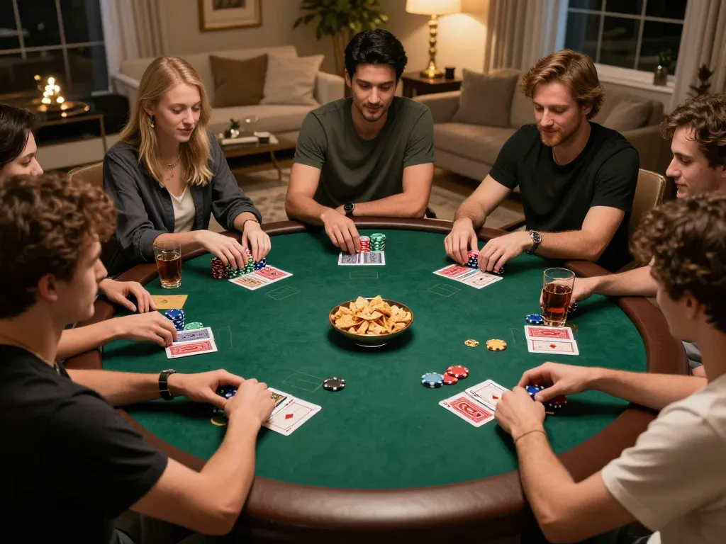 Engaging poker night with friends at home showing 789win trang chu strategy in action.