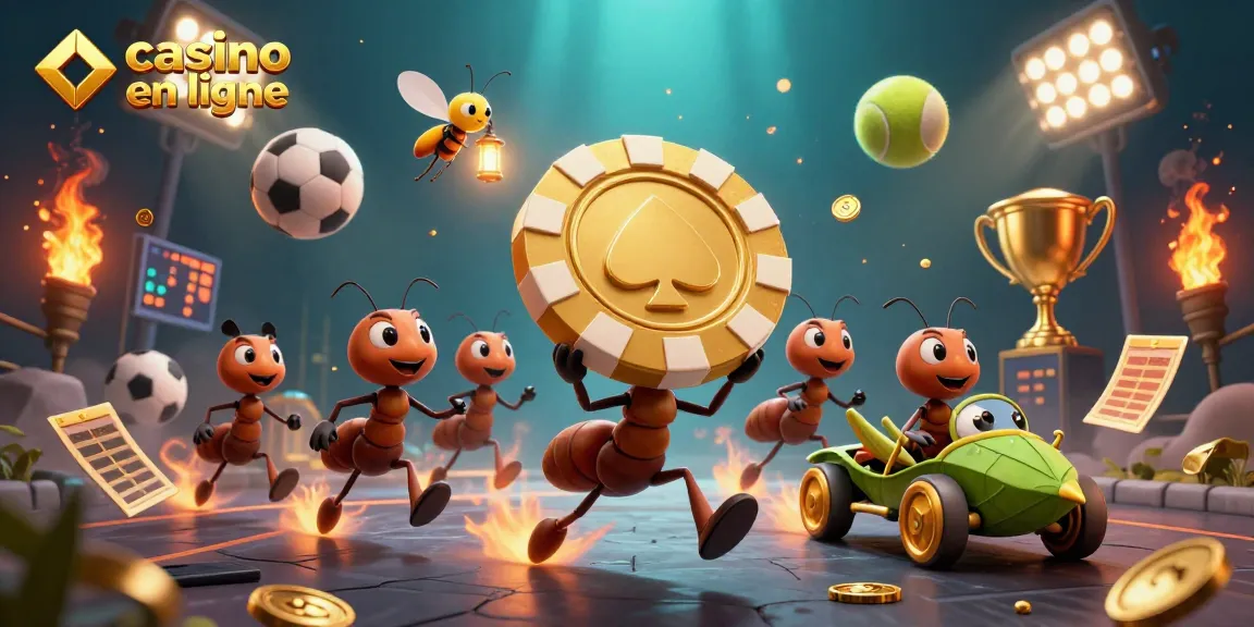 Scène dynamique de casino en ligne avec des fourmis transportant des jetons de poker et des éléments sportifs