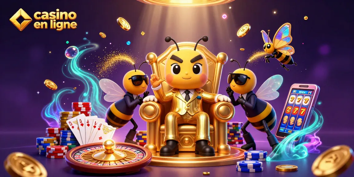 Animation captivante d'un casino en ligne illustré avec une abeille mafieuse et des éléments de jeux.