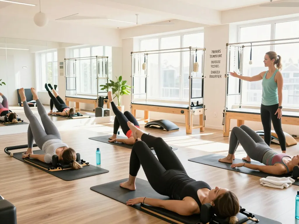 明るい現代的なスタジオで、マットやリフォーマーエクササイズを楽しむ女性たちがzen place pilates 評判を体験している。