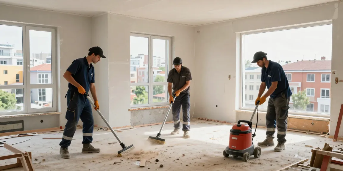 Professionelle Baureinigung Firma Dortmund reinigt frisch gebautes Apartment mit einem Team.