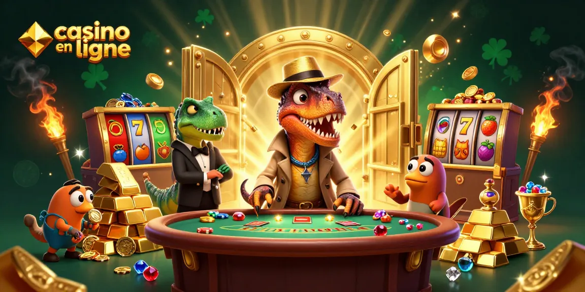 Illustration d'un velociraptor jouant au casino en ligne, entouré de joyaux et de trésors