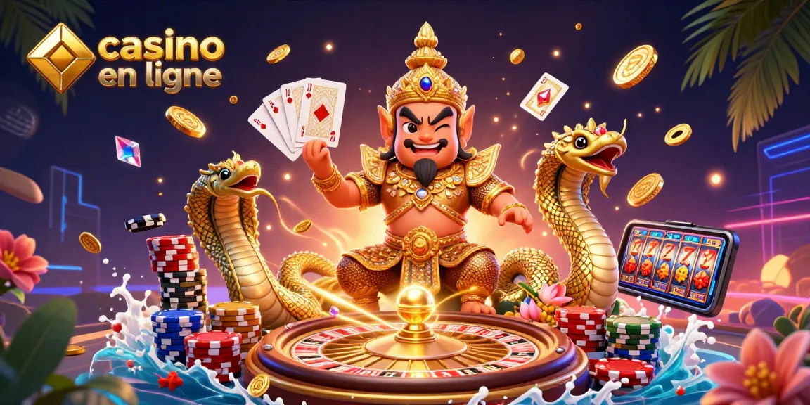 Plongez dans l'univers du casino en ligne avec cette illustration 3D dynamique, présentant des personnages fascinants entourés de cartes et de jetons.