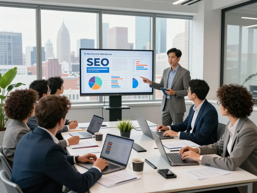 Engaged team discussing New York SEO Services in modern office.