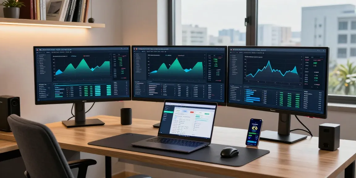 Bitcoin mining website setup in a modern office, featuring monitors with crypto analytics and digital wallet tools, emphasizing advanced security.