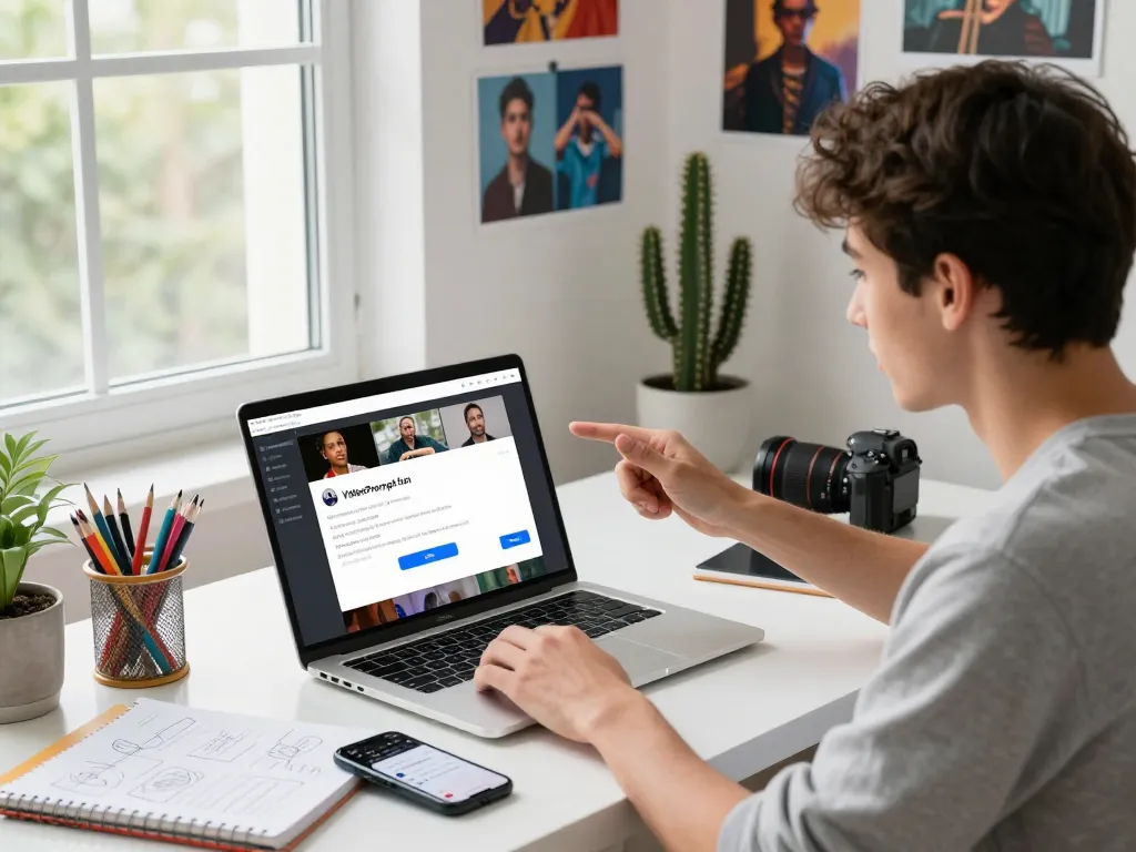 Engaging user analyzing video to prompt AI tool in a creative workspace with art supplies and digital tools.
