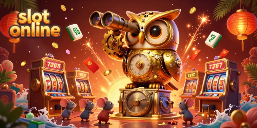 Engage in slot online adventures with a lively 3D scene of a clockwork owl and mouse patrons at a vibrant casino.