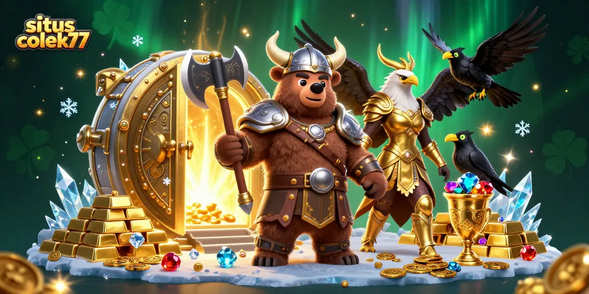 Engage with situs colek77 in a vibrant 3D casino fantasy, featuring a Viking bear, Valkyrie eagle, and treasures.